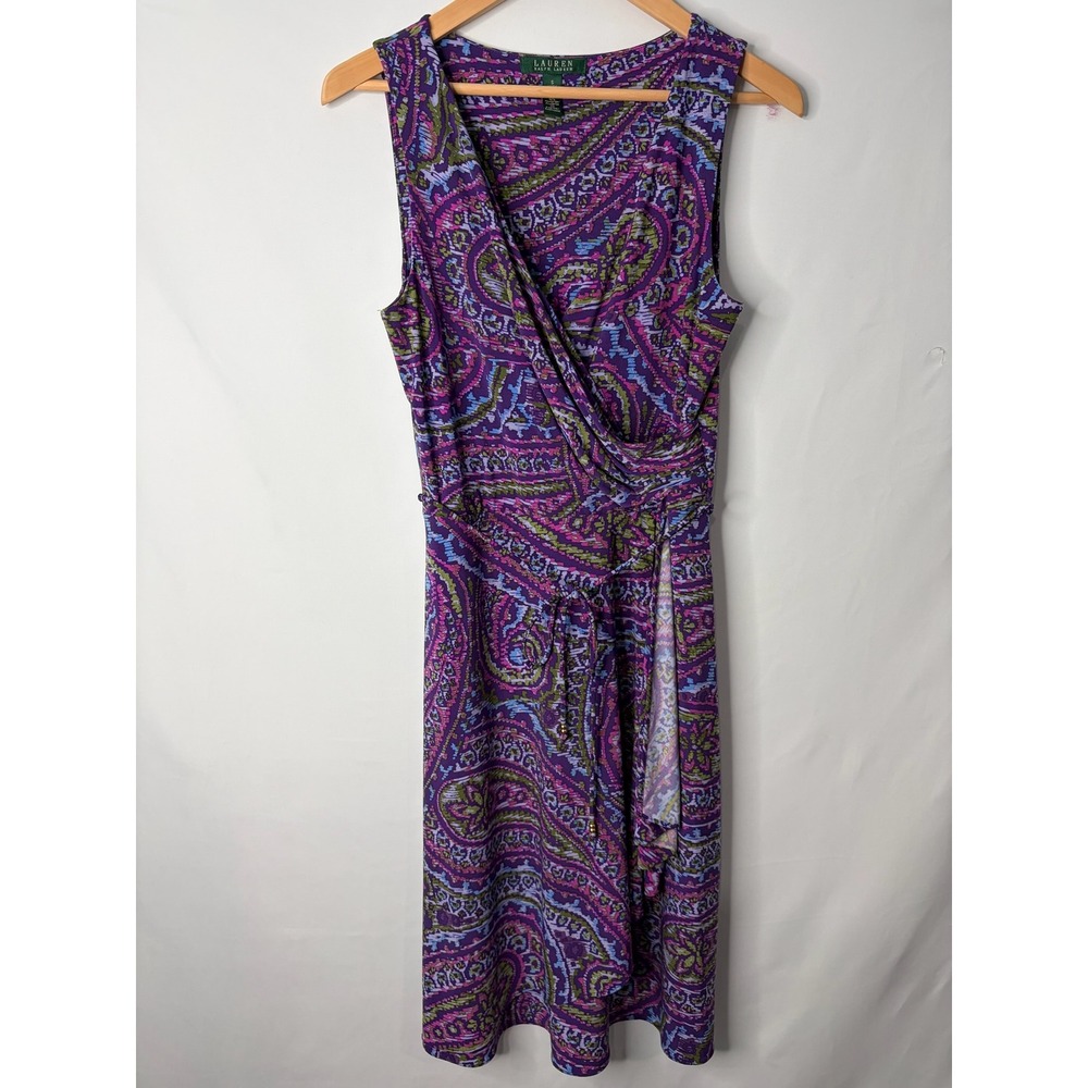 Lauren Ralph Lauren Purple Paisley Faux Wrap Sleeveless Dress S Elegant Stretch